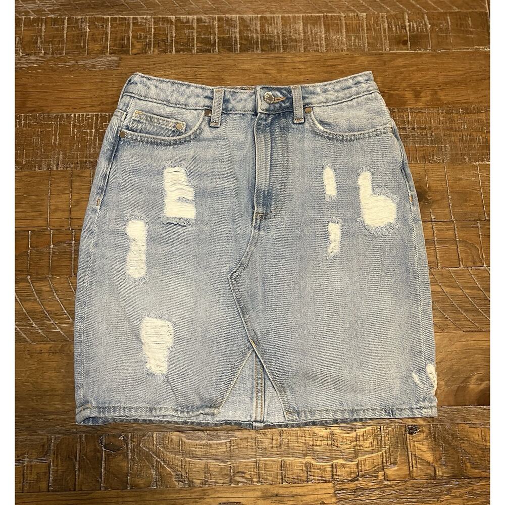 H&M Distressed Denim Skirt Size 6 Light Blue Pencil Skirt Blue Jean Light Wash